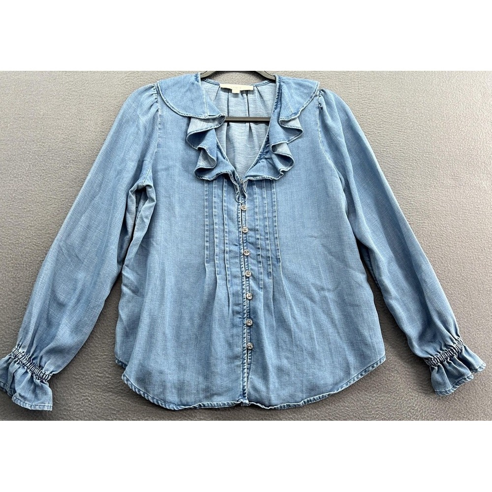 LOFT Blouse Womens XS Tunic Ruffle Button V Neck Long Sleeve Lightweight Top